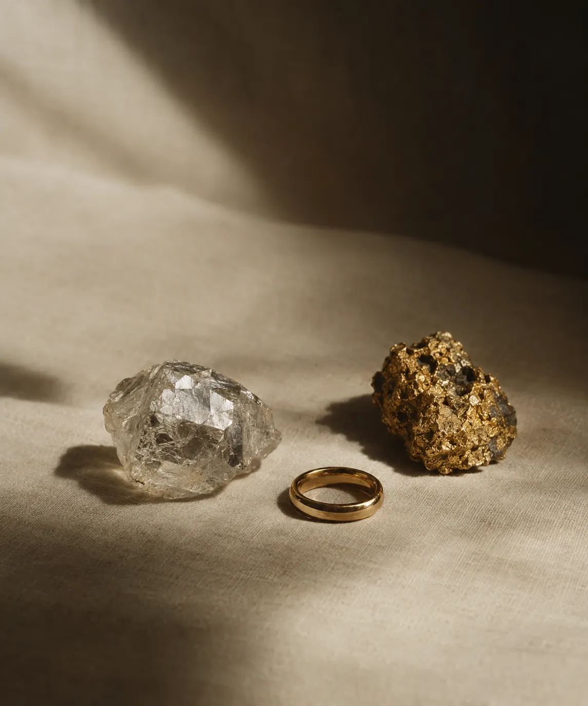 An uncut diamond, a gold band and a nugget of raw gold ore