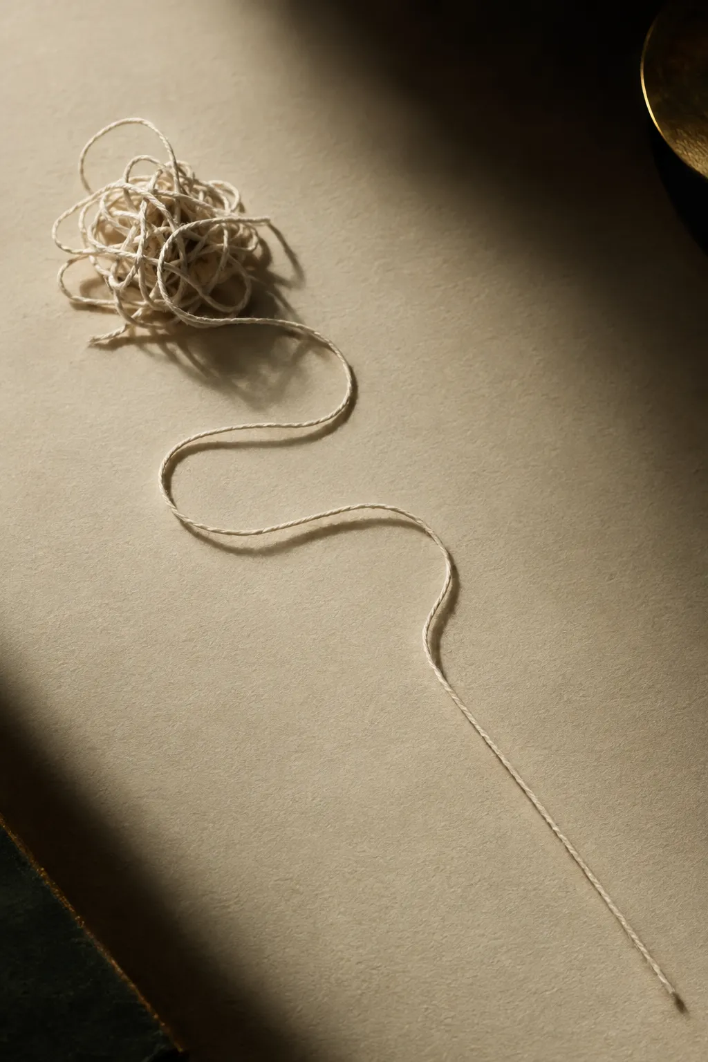 A single cotton thread, tangled at one end and straight at the other